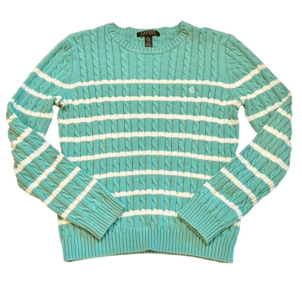Vtg Lauren Ralph Lauren Sweater Womens Large Blue Striped Cable Knit Crew Neck